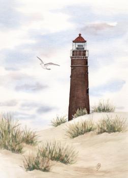 Poster DIN-A4  Aquarell Maritim Kunst Druck Kunstdruck Nordsee Insel Borkum Neuer Leuchtturm Strand Meer Dünen